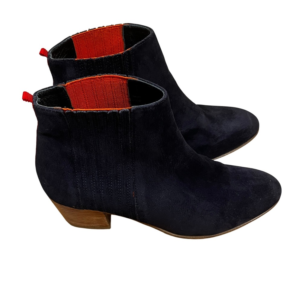 Boden Navy Suede Alford Ankle Boots Orange Elastic Block Heel Statement Chic